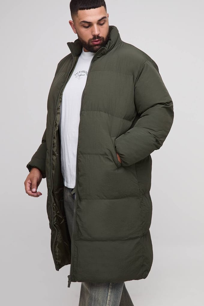 Plus Oversized Crinkle Nylon Funnel Neck Longline Puffer Jacket | Dark Olive | Size 2XL
