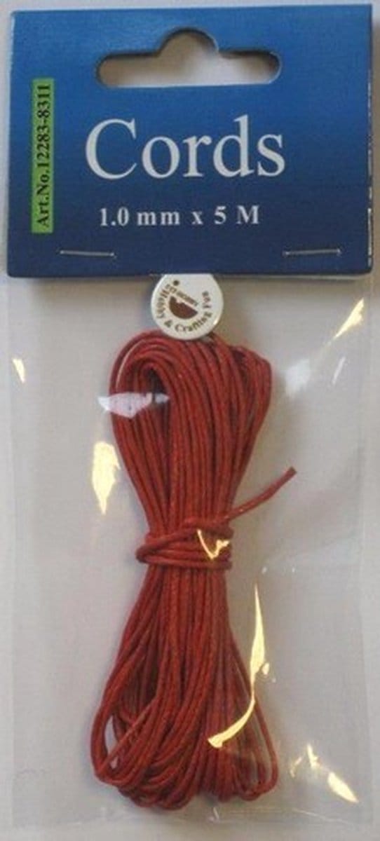 Waxed Cotton Cord, round, 1,0mm, Red, 5mtr.
