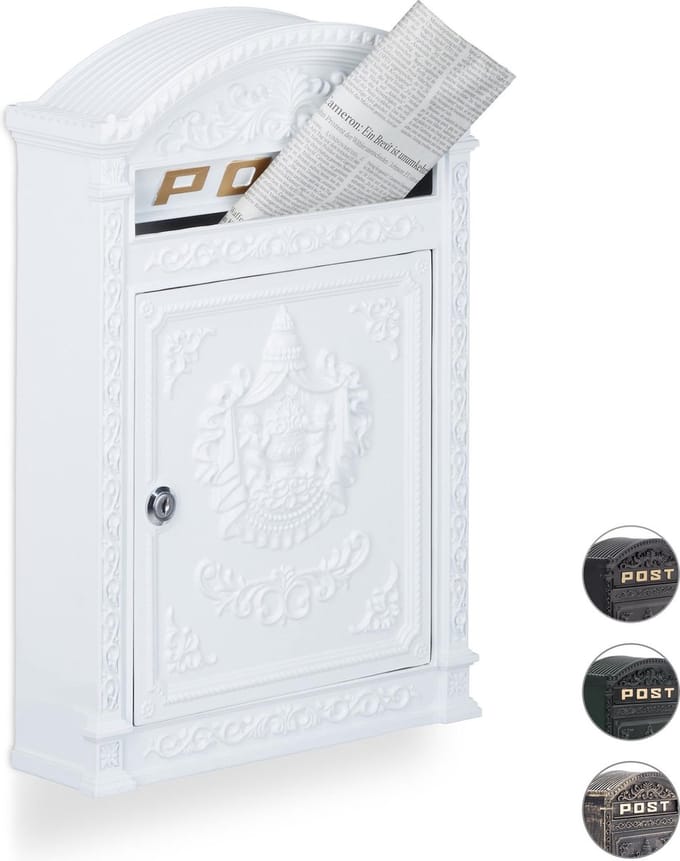 Brievenbus antiek - muur - met slot - 44,5 x 31 x 9,5 cm - wit