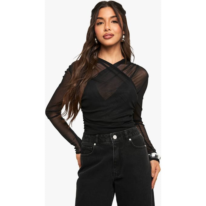 boohoo Dames Mesh Cross Over Bodysuit | Zwart | Maat: 42