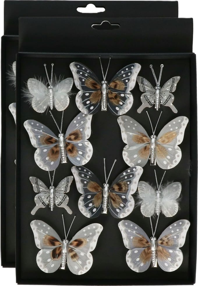 Othmar Decorations Decoratie vlinders op clip - 10x- grijs/zilver- 5-8 cm - kunststof