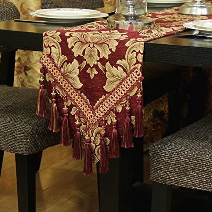 Moderne Chenille Jacquard Tafelloper, Rood + kant, 30 * 200cm