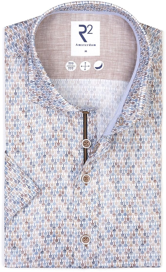 R2 Overhemd Korte Mouwen Print Blauw - Maat 39 - Heren - Overhemden Formeel