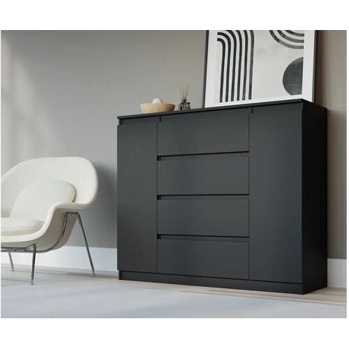 Ladekast: Mat Zwart, 120 x 39 x 101 cm, 2 Deuren, 4 Laden