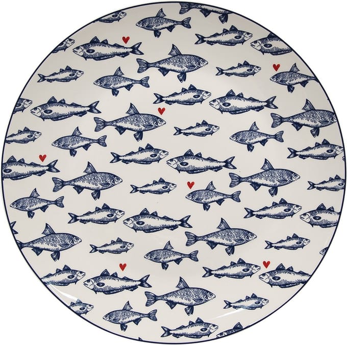 Clayre & Eef Dinerbord Ø 26 cm Wit Blauw Porselein Vissen
