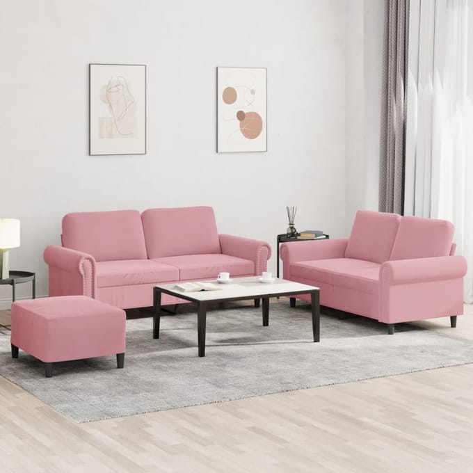 vidaXL - 3-delige - Loungeset - met - kussens - fluweel - roze