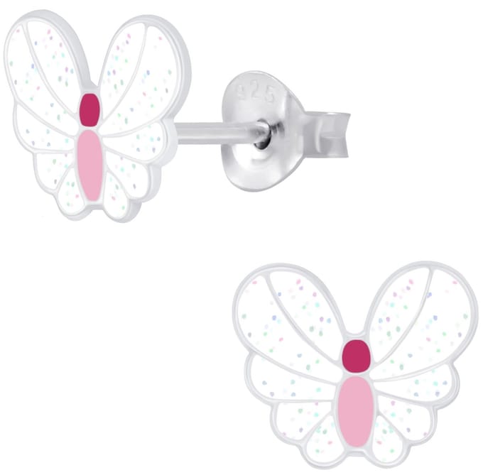 Joy|S - Zilveren vlinder oorbellen - 8 x 7 mm - wit met glitter en roze - sterling zilver 925 - vlinder kinderoorbellen