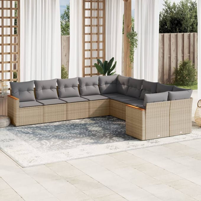 vidaXL - 10-delige - Loungeset - met - kussens - poly - rattan - gemengd - beige