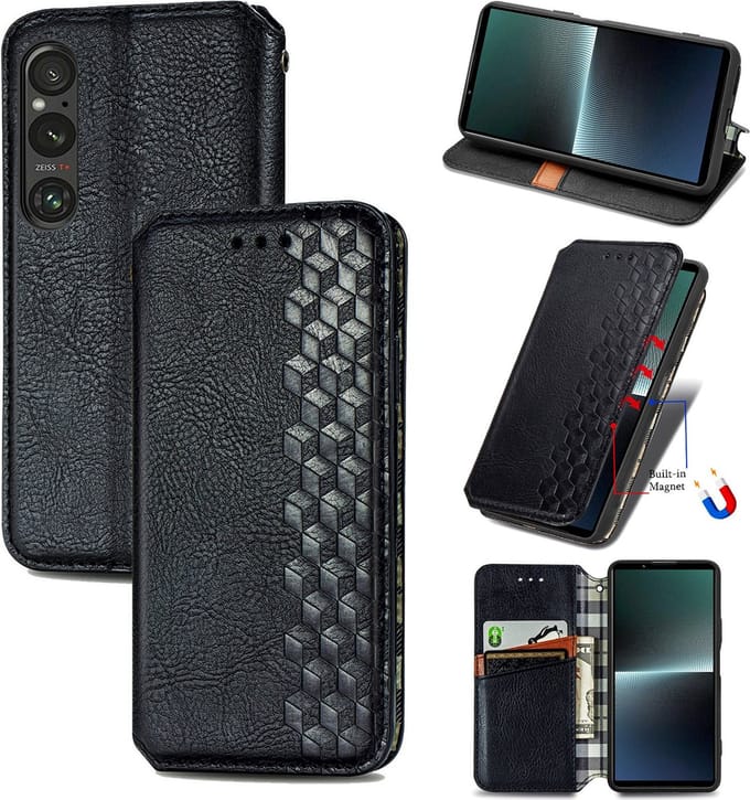 Luxe PU Lederen Ruitpatroon Wallet Case + Glas Screenprotector voor Sony Xperia 1 V _ Zwart