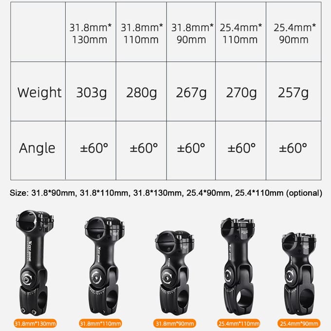 Verstelbare fietsstuurpen Variabele 60 graden hoek Aluminium fietsstuur Riser Road 31.8-130mm black