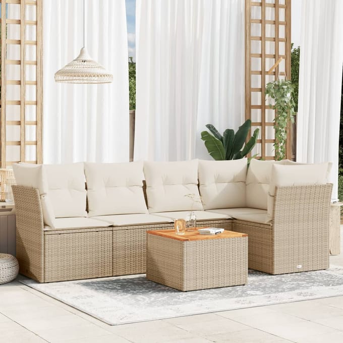 vidaXL - 6-delige - Loungeset - met - kussens - poly - rattan - beige