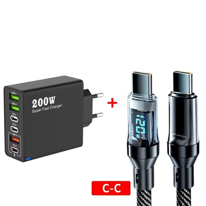 Chargeur de téléphone portable USB Type C 6 en 1 Total 200W USB3.0 PD3.0 Charge Super Rapide Adaptateur d'alimentation pour iPhone Xiaomi Samsung eu plug noir