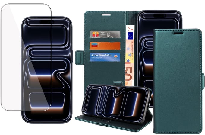 Book Case & Screenprotector geschikt voor iPhone 17 Pro Max Hoesje Screenprotector - Gehard Glas Cover + Magnetische Sluiting - Portemonnee Turqoise
