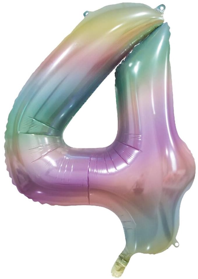 Folieballon cijfer 4 regenboog pastel, 86cm