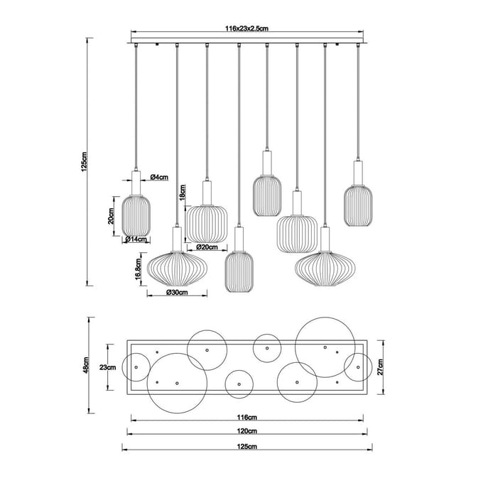 Globo Hanglamp Normy, lengte 125 cm, kleurrijk, glas, 8-lamps.