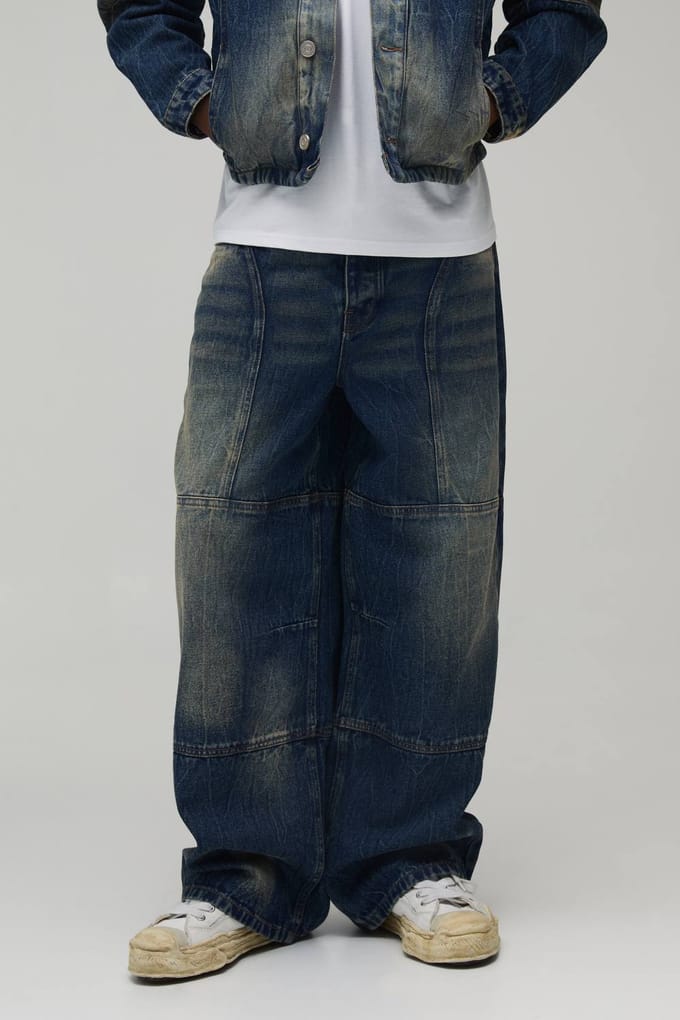 Baggy Stijve Bleach Washed Panelen Denim Jeans | Antique Wash | Size 30R