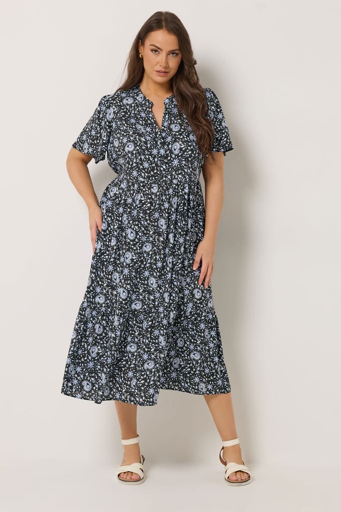 Yours Zwarte Maxijurk Met Bloemenprint En Halve Knoopsluiting Size 44