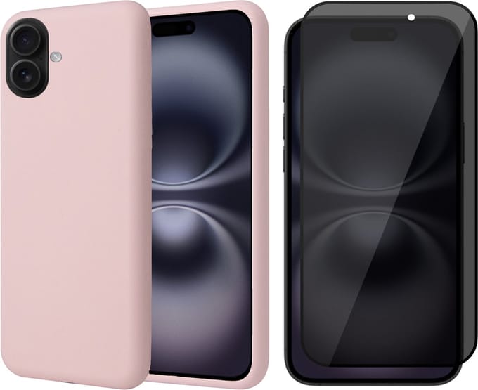 Hoesje geschikt voor iPhone 16 Plus - Privacy Screenprotector Volledig Dekkend Glas - Matte Case Roze met Fluweelzachte Binnenzijde