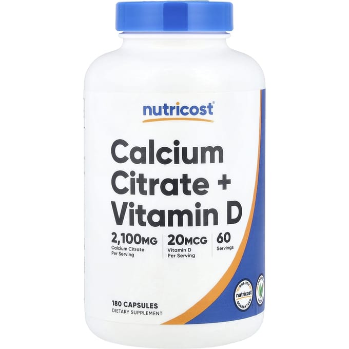 Nutricost, Citrate de Calcium + Vitamine D, 180 Gélules