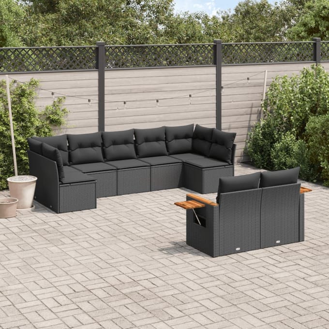 vidaXL - 9-delige - Loungeset - met - kussens - poly - rattan - zwart