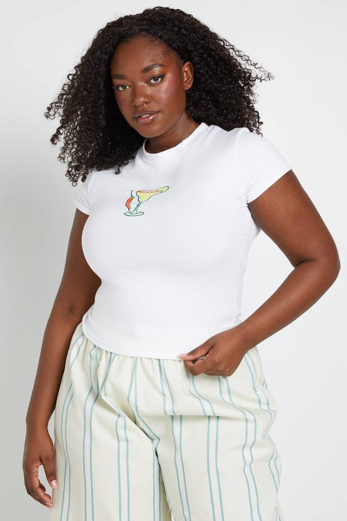 boohoo Dames Plus Pittige Margarita Print Baby Tee | Wit | Maat: 52