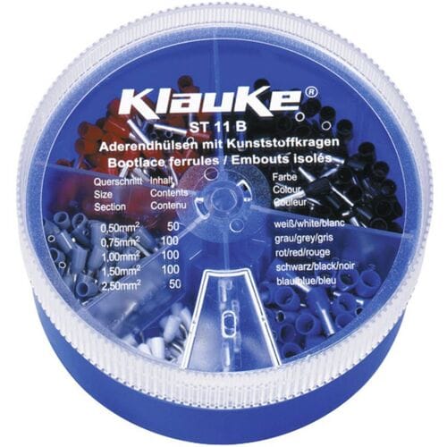Klauke ST11B Assortiment adereindhulzen 0.5 mm², 0.75 mm², 1 mm², 1.5 mm², 2.5 mm² Deels geïsoleerd Wit, Grijs, Rood, Zwart, Blauw 400 onderdelen