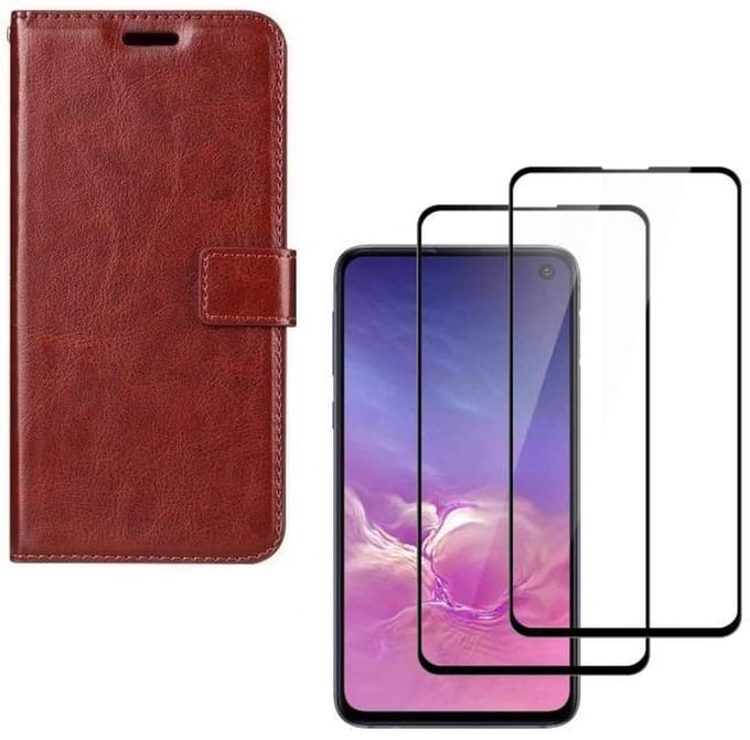 Bookcase hoesje Geschikt voor: Samsung Galaxy S10 Portemonnee bruin met 2 stuks Glas Screen protector