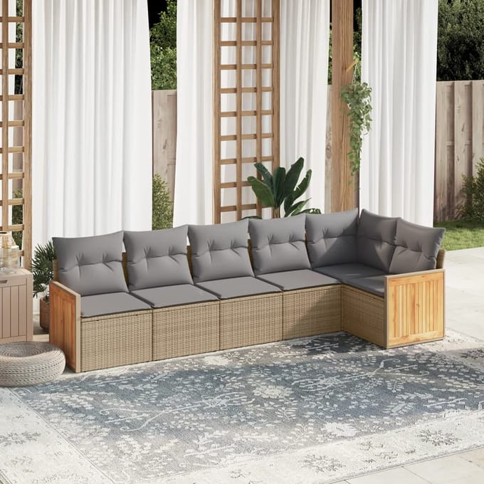 vidaXL - 6-delige - Loungeset - met - kussens - poly - rattan - beige