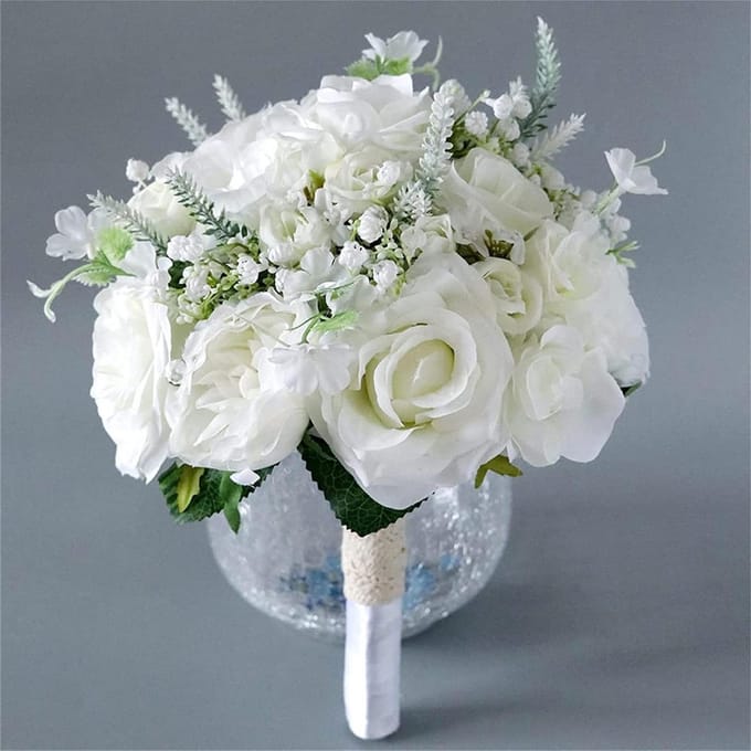 Bruidsboeket - Kunstbloemen boeket - Bruiloft decoratie - Handgemaakt ontwerp - 22cm diameter - Wit