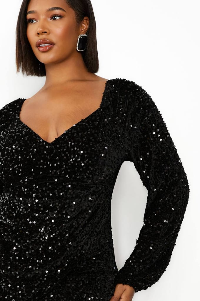 boohoo Dames Plus Fluwelen Swingjurk met Pailletten | Black | Maat: 24