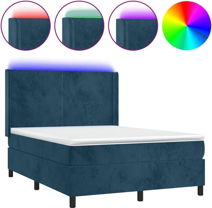 vidaXL - Boxspring - met - matras - en - LED - fluweel - donkerblauw - 140x190 - cm