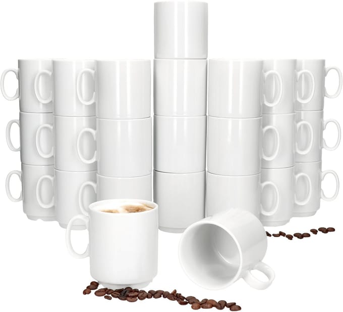 Set van 24 EVENT stapelbare koffiemokken wit porselein 250 ml