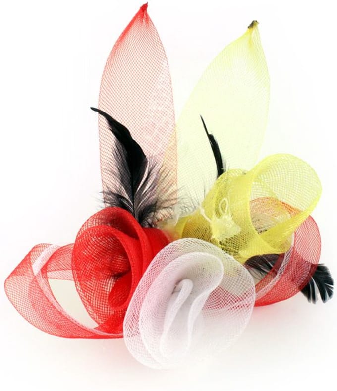 Broche tule 3 bloemen met veertjes rood-wit-geel