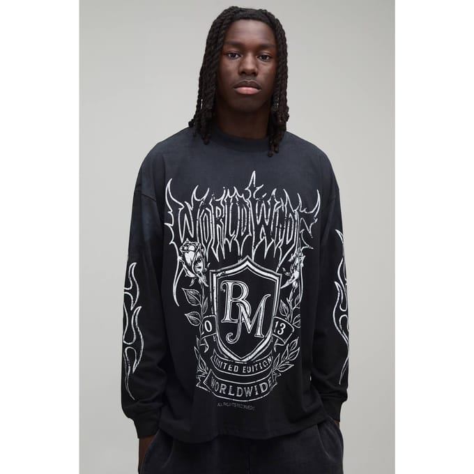 Zwart Oversized Gothic Embleem Print Spray Wash Shirt Met Lange Mouwen | Black | Size Medium