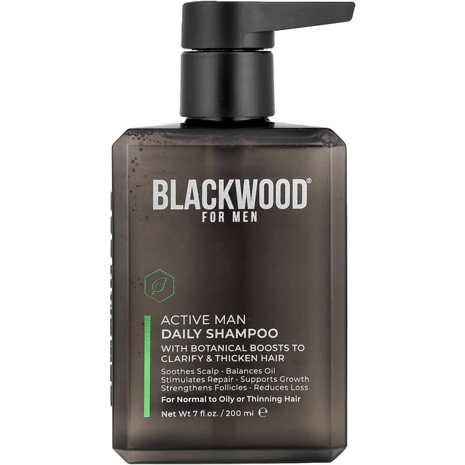 Blackwood For Men, Active Men Daily Shampoo, with Licorice Root, Rice Extract, and Ginseng, 7 fl oz (200 ml) black
