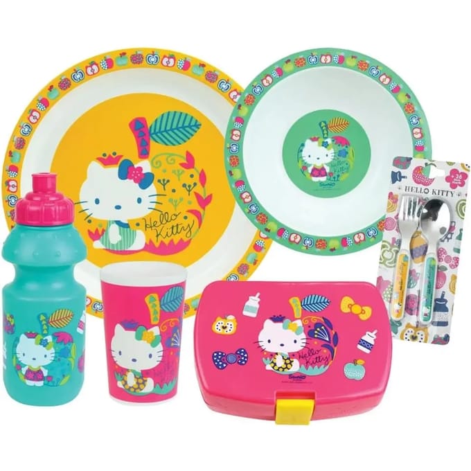 Servieset met diepe schaal, bord, drinkfles, lunchbox en 2 kinderbestekjes Fun House Hello Kitty