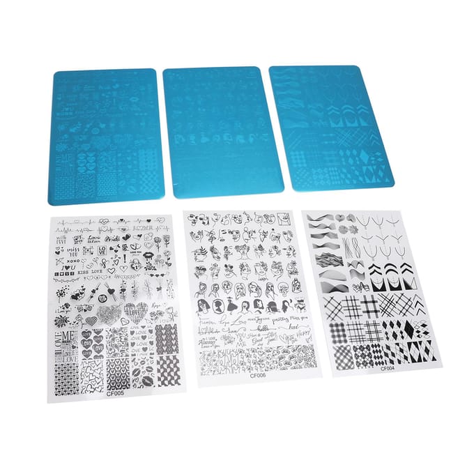 3 Sets Plaques de Stamping Nail Art Acier Inoxydable Motifs Différents Modèle Pochoir pour Ongles blue