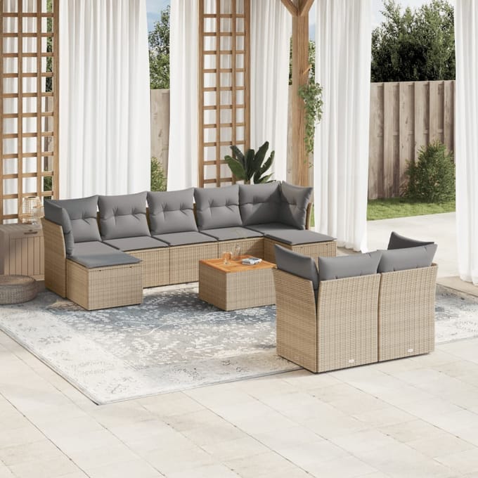 vidaXL - 10-delige - Loungeset - met - kussens - poly - rattan - beige