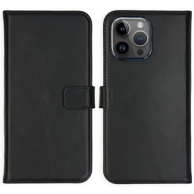 Selencia Hoesje - Geschikt voor Apple iPhone 15 Pro Max - Echt Lederen Bookcase - Zwart