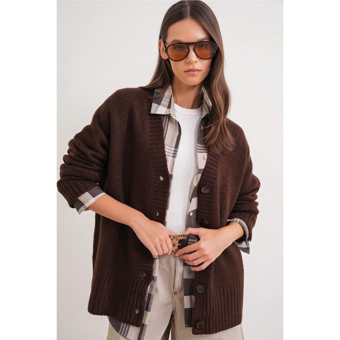 Geknoopte V-hals Geribde Brei Cardigan