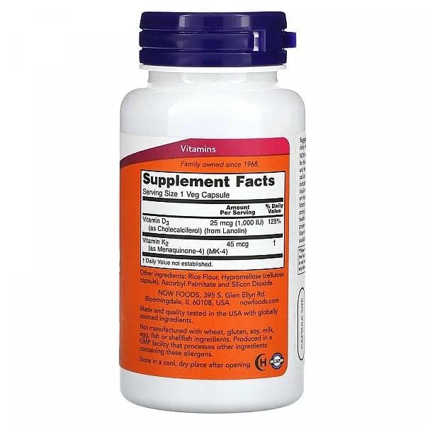 Now Foods - Vitamine D-3 / K2 1000 IE/45 MCG,  120 VCAPS
