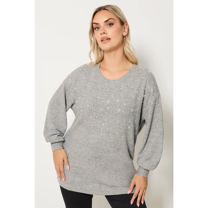 Yours Lichtgrijze Met Diamantjes Versierde Trui Size 46