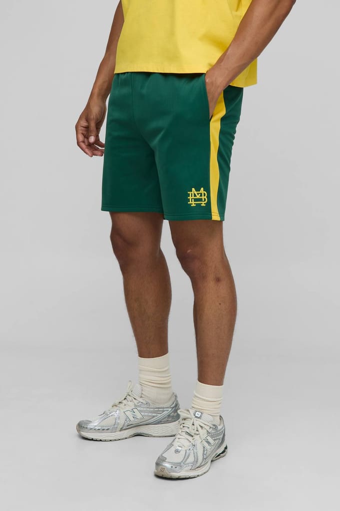 Elasticated Waist Relaxed Short Length Tricot Colour Block Shorts | Dark Green | Size Small