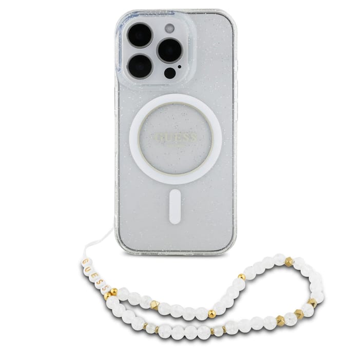 Guess MagSafe IML Glitter Case met beads strap voor de Apple iPhone 16 Pro Max - Transparent