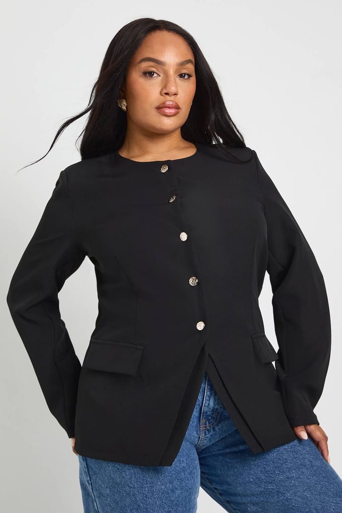 boohoo Dames Plus blazer met knoopsluiting en gespleten zoom | Black | Maat: 28