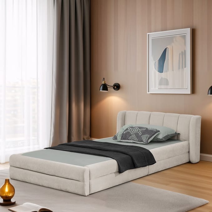 MODFU - Bedframe 90x200 cm – Chenille met ergonomisch hoofdbord – Minimaal design – Beige