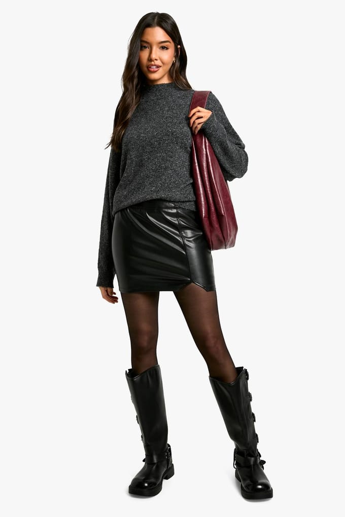 boohoo Dames Pu Split Hem Mini Skirt | Black | Maat: 6