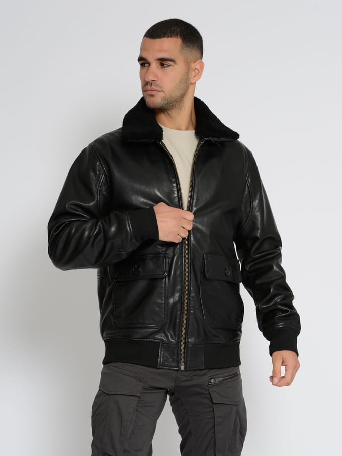 Top Gun leren jas TG2023002 met lamsleren kraag