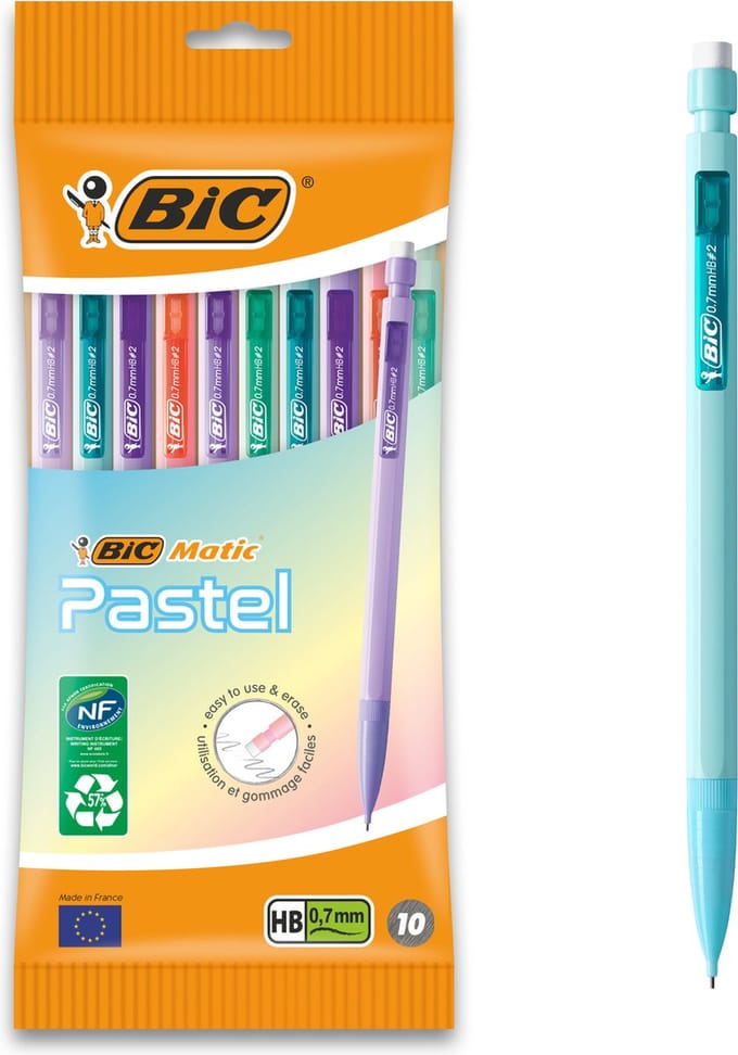 BIC Matic Fun Pastel - Vulpotlood - Pastel - Met gum - Potloden - 3 navullingen - 10 Stuks