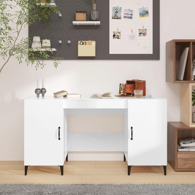 Bureau met kast - Werktafel - Thuiswerken - Ruime opbergruimte - 140 cm breed - Wit glanzend